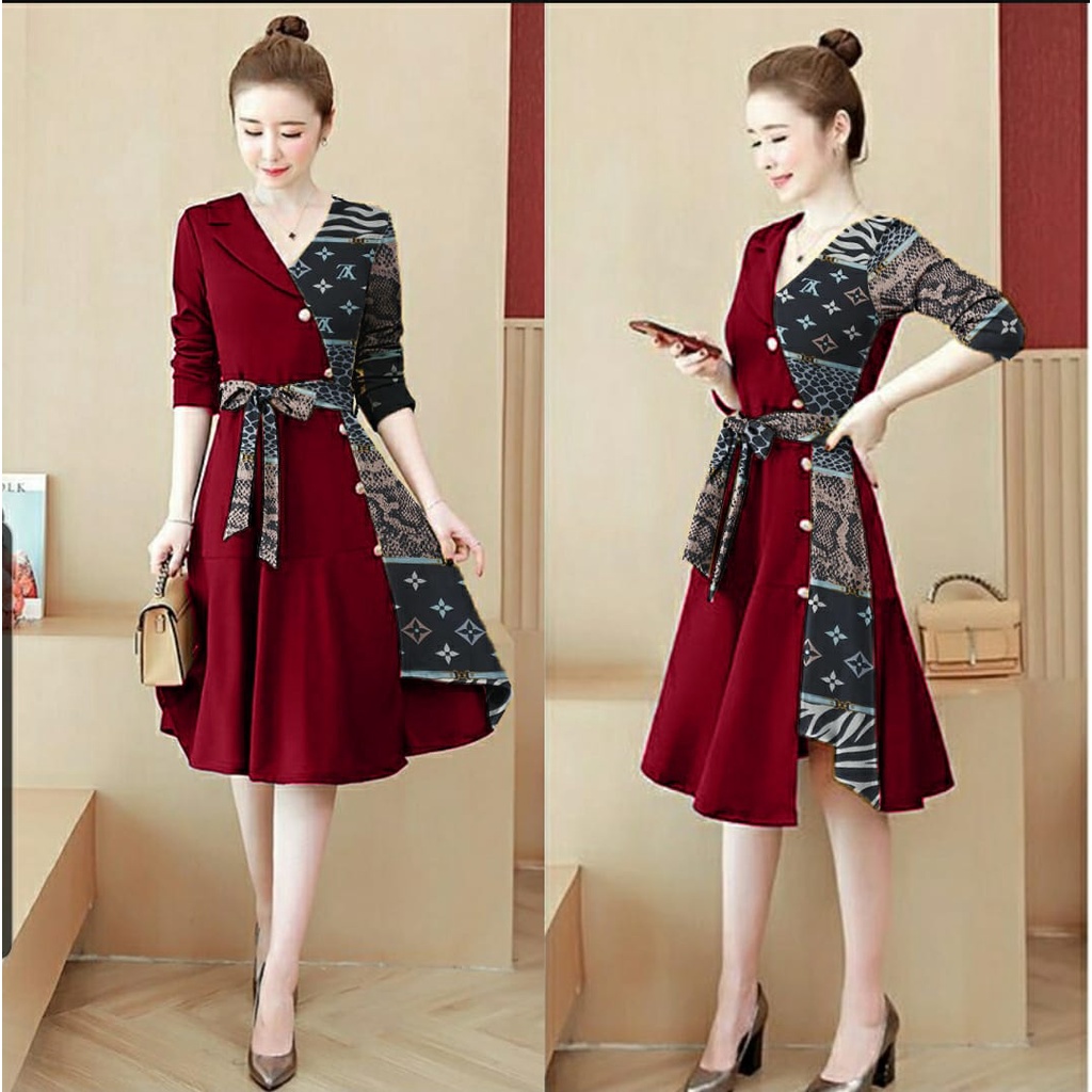 [HNFK] Dress Wanita Korean Style / Dress Agatha / Dress Kondangan Kekinian / Dress Motif / Pakaian Wanita Terbaru