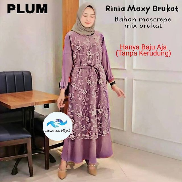 RINIA Pakaian Wanita Baju Gamis Terbaru Ukuran Jumbo Bahan Moscrepe-PLUM