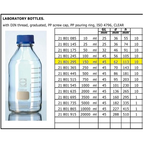 Duran Botol glass laboratorium 150ml Schott Duran