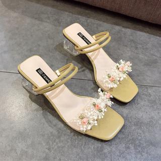  Sandal  Selop  High Heels Tebal Motif Bunga Untuk  Wanita  