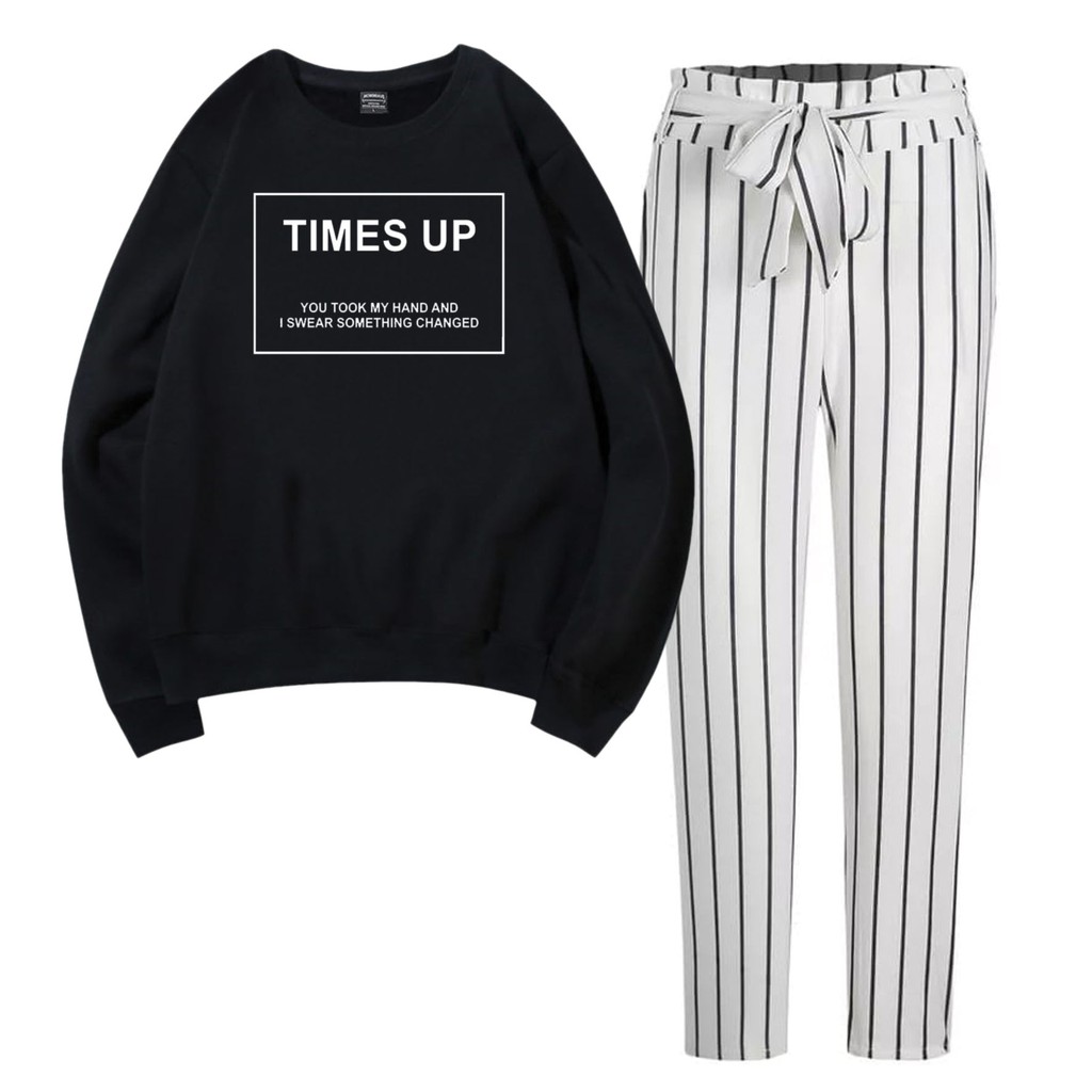 BESS - Baju Setelan Wanita Murah / Setelan Sweater + Celana Salur Putih - TIMES UP