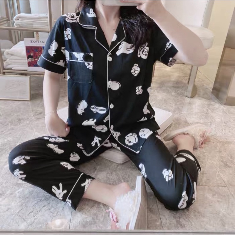JC- PIYAMA SET Import CP / Piyama wanita Import terbaru / Piyama Import Korean Style-Mickey Hand Black CP