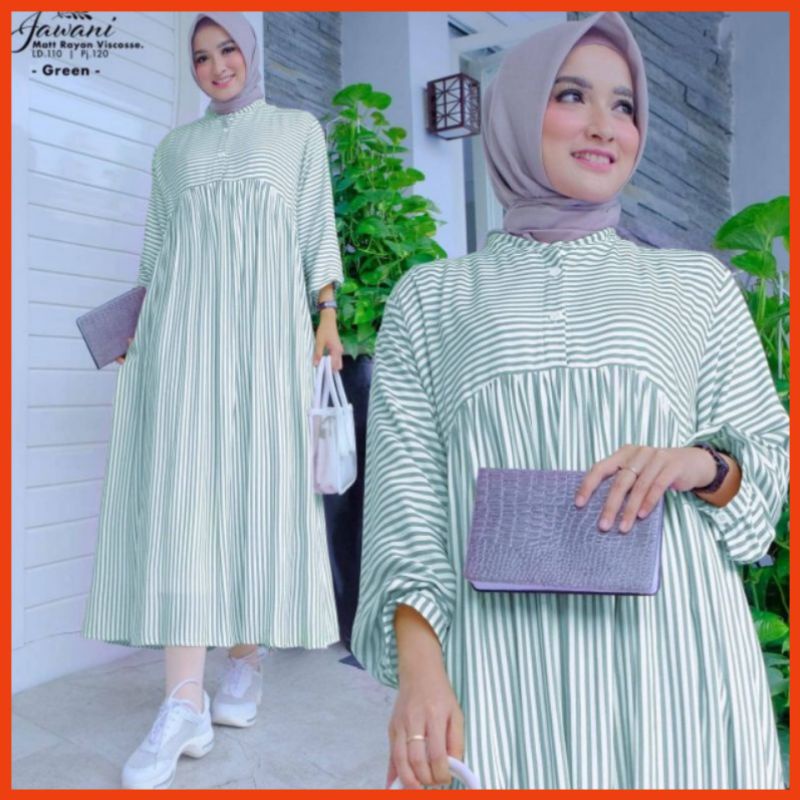 Tunik Midi Dress Garis Garis Wanita Muslim Jumbo Kekinian By Azka Collection