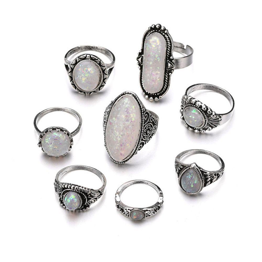 Lily 8pcs /set set Cincin Wanita Bahan Alloy Transparan Warna Putih Perak Bohemian Perhiasan