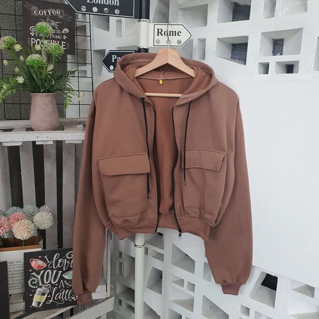 Nara Grosir - Zarra Crop Hodie l Jaket Polos Wanita