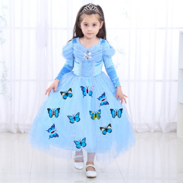 GA2671 PREMIUM CINDERELLA LONG SLEEVE DRESS PRINCESS CINDERELLA BIRU / GAUN PESTA HALLOWEEN ANAK