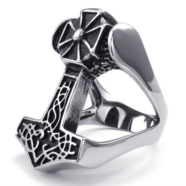 Fashion Men Temperament Retro Skeleton Hammer Thor Thors Hollow Gothic Cross Shape Black Silver Intersection Matching Ring