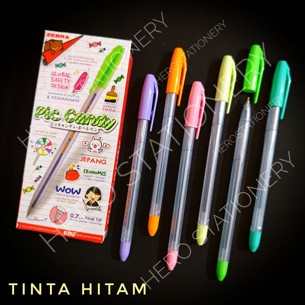 

Ballpoint pen semi gel zebra pic candy 0.7 mm tinta hitam . 12 unit