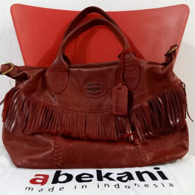Abekani Sumi Maroon Crack VVVGC tas kulit sapi asli Made in Indonesia Yogyakarta rumbai lucu