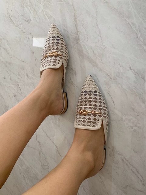 SEPATU WANITA PDR PS014 GOLD KNOT DETAILED MESH MULES PREMIUM IMPORT