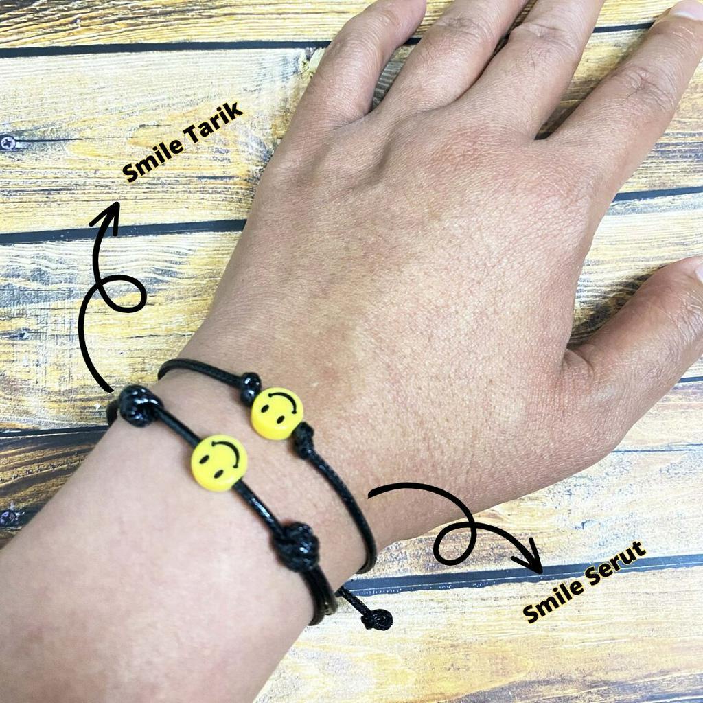 Gelang Tali Hitam 2mm Manik Bulat Smile Pria Wanita Pasangan Couple Dan Sahabat