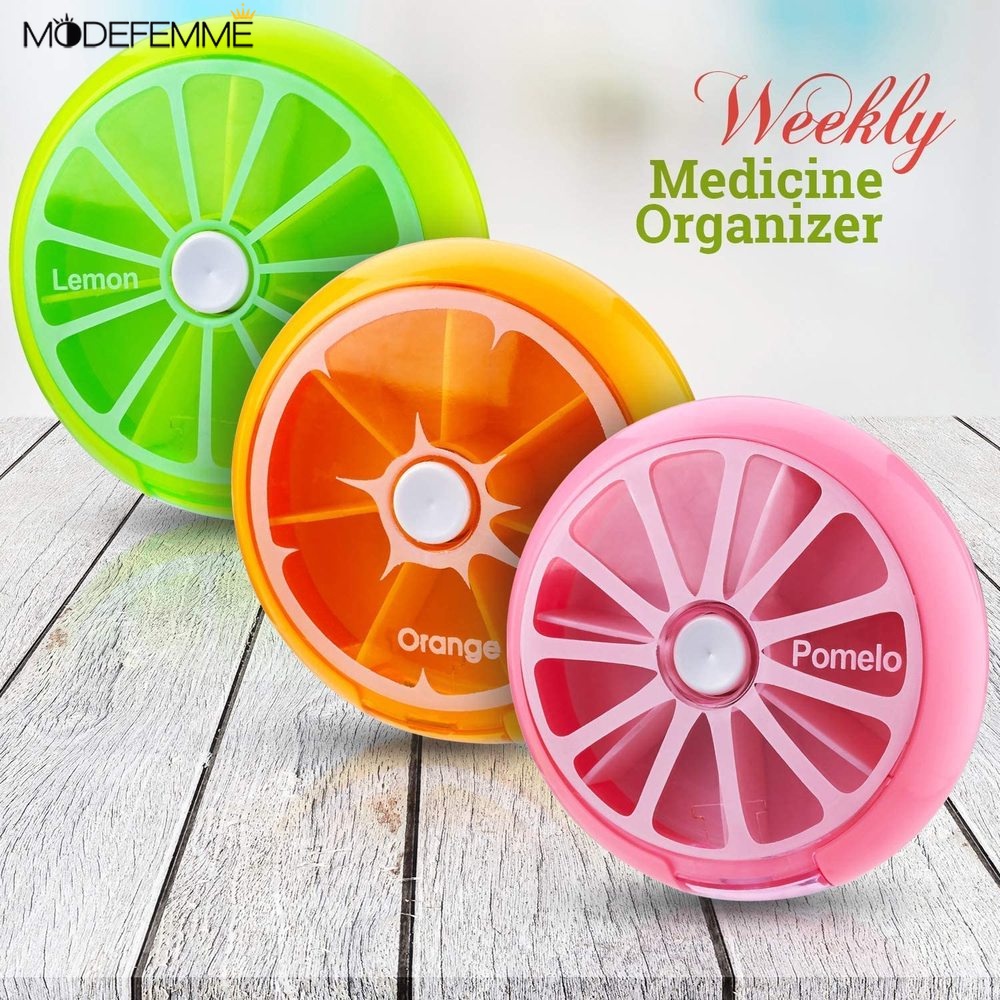 Kotak Penyimpanan Pil Obat Mingguan 7 Kompartemen Bentuk Buah Model Putar 3x Untuk Travel