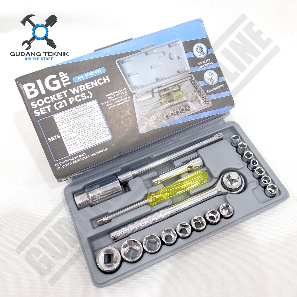 Kunci Shock 1/2&quot; Segi 6 SET 21pcs 4-19mm BIG TOP 1740-021 / Socket Sock Sok Wrench Set HASSTON BIG TOP