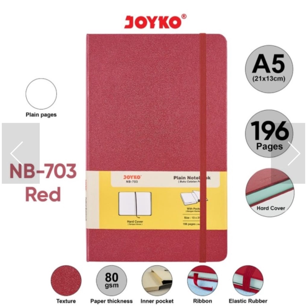PLAIN HARDCOVER NOTEBOOK A5 | POCKET | JOYKO NB-703 | DIARY | BUKU CATATAN POLOS | 196 hal | 80 gsm-MERAH