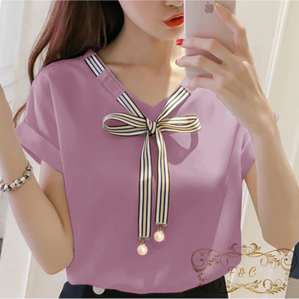 BISA COD - BLOUSE LAURA Blouse Korean Style Wanita Remaja Atasan Kaos Blouse Wanita Dewasa Lengan Pendek Bahan Balotelly-Lilac
