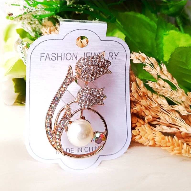 Athar shop COD Bros mutiara kristal fashion korea aksesoris fashion pin bros tuspin-Tulip 02 gold