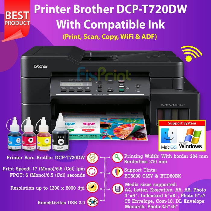 Printer Brother DCP-T720DW T720 WiFi Print Scan Copy Tinta BT D60Bk BT5000