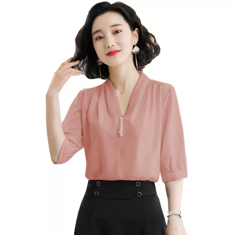 Blus lengan pendek Gaya Korea variasi mutiara di leher - XSHOP Natya