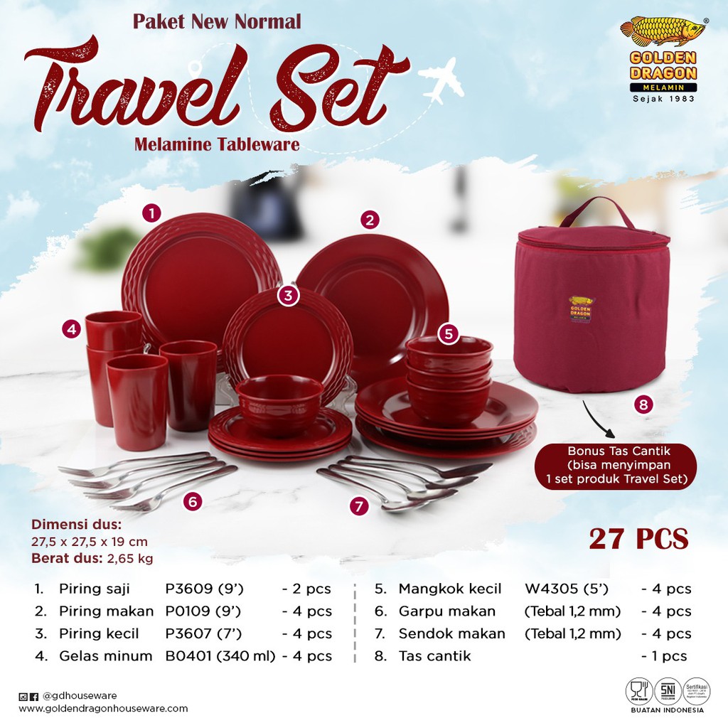 Melamin Set Golden Dragon 27 pcs / TRAVEL SET 27 PCS FREE TAS