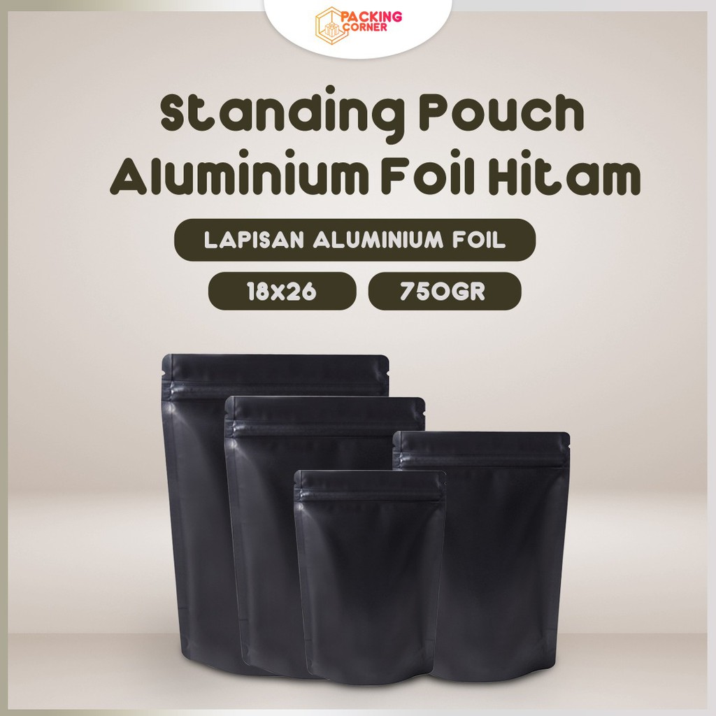 Jual Standing Pouch Hitam Paper 18x26cm Alumunium Foil METALIZED ...