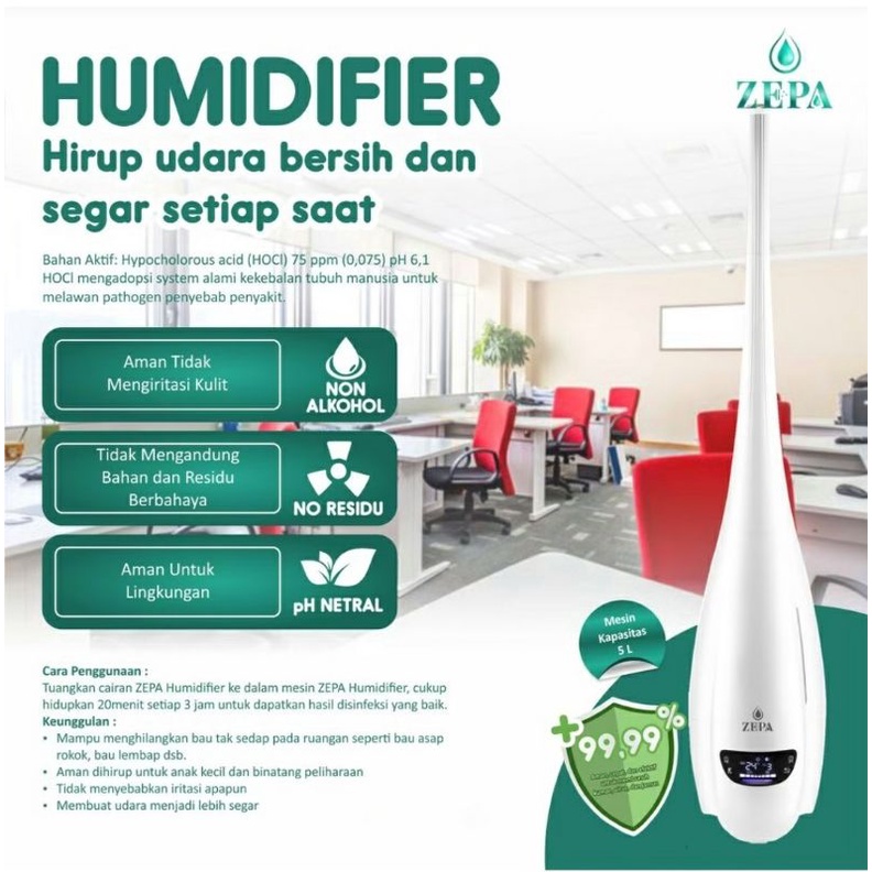 ZEPA Humidifier + Cairan HOCL Non Alkohol 5L