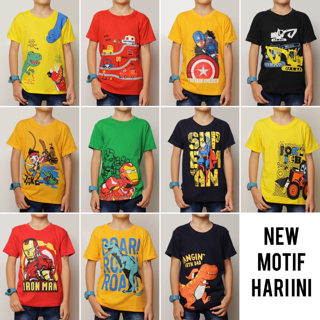 1-8 tahun [S,M,L,XL] Grosir Ecer Kaos Anak KENDARAAN MOTOR Beko Dinosaurus Dino Tyrex superhero COWO