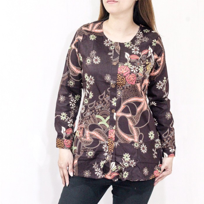 Blouse batik jumbo wanita lengan panjang peplum u/ muslimah katun asli