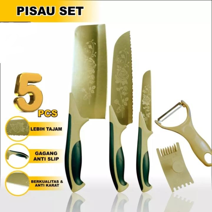 Set Pisau Dapur Lengkap Dengan Pisau Dan Peeler 5in1 Gold