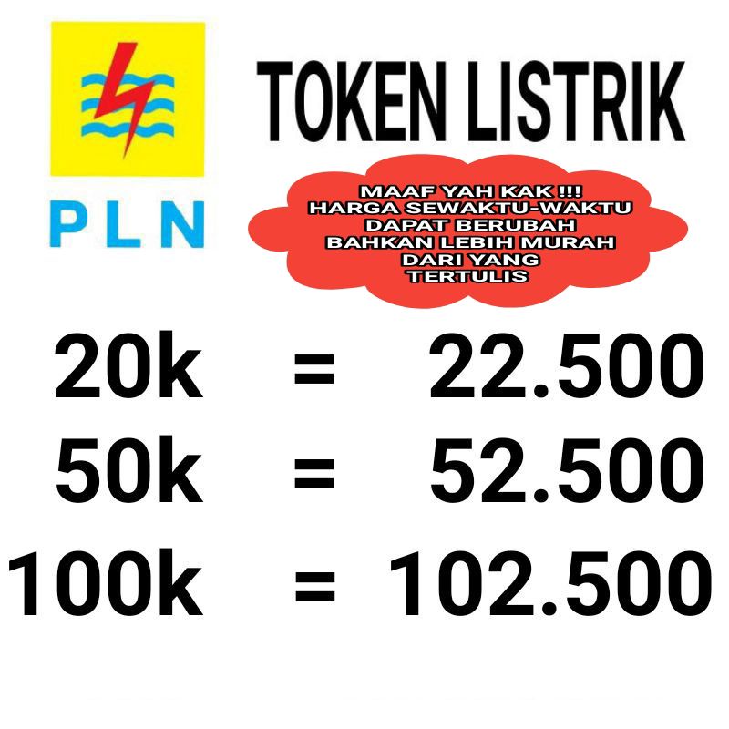 Pulsa Token Listrik Prabayar 20k 50k 100k 500k 1m Promo Murah 20 50 100 200 500 1 1000 k rb Jt Juta