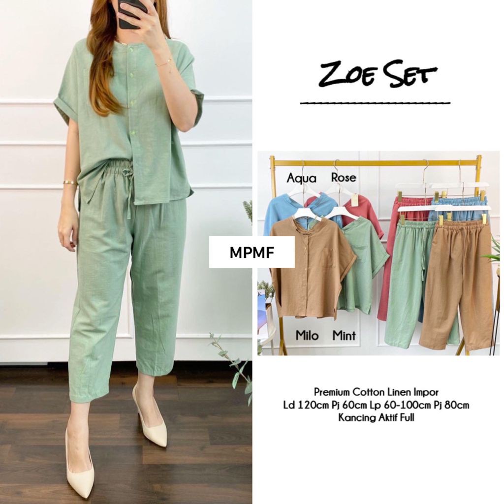 Zoe Set - Setelan One Set Polos Wanita Katun Linen Lengan Pendek Jumbo Ld 120 Kekinian Terbaru-1