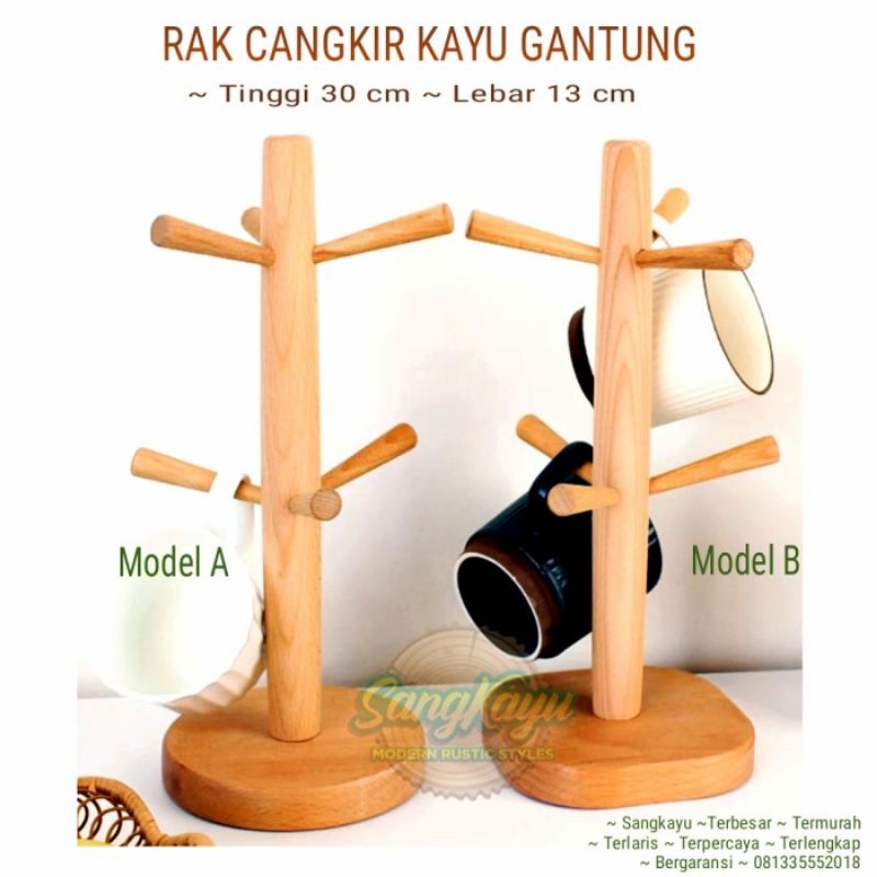 Rak gantung cangkir rak mug holder kayu rak gelas rak dapur minimalis