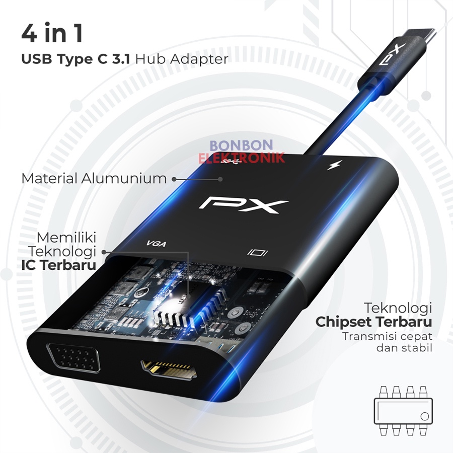 PX UCH14B Type C 3.1 to HDMI VGA USB Hub Converter Adaptor 4 in 1 4K