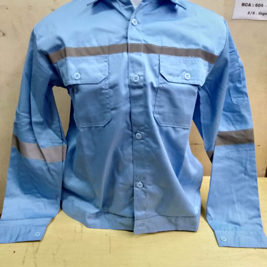 Kemeja Kerja Safety Pria Lengan Panjang Biru Muda Telor Asin / Baju Atasan Kerja Safety Proyek Murah