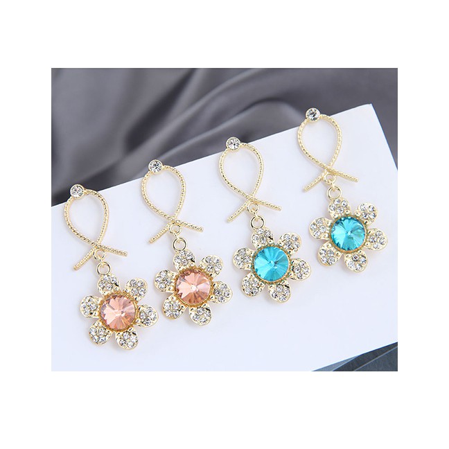 LRC Anting Tusuk Fashion Blue Cross Alloy Earrings With Diamonds And Flowers  A62061