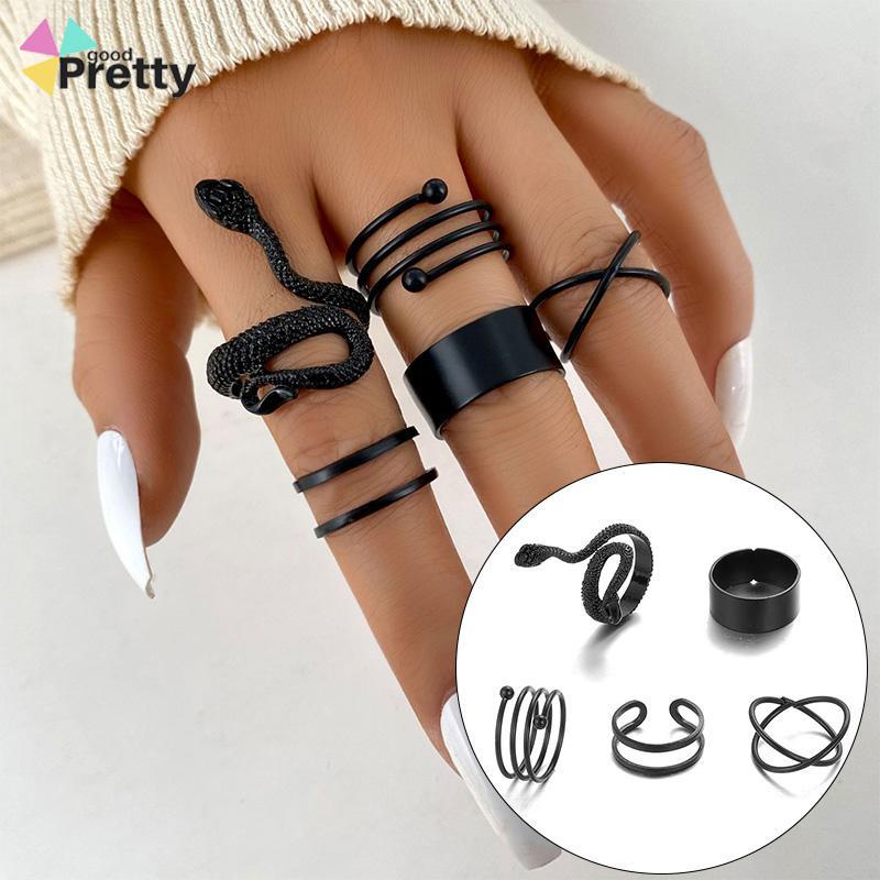 5PCS kreatif ms. Jane cincin wanita menggabungkan cincin ular hitam geometri - PD