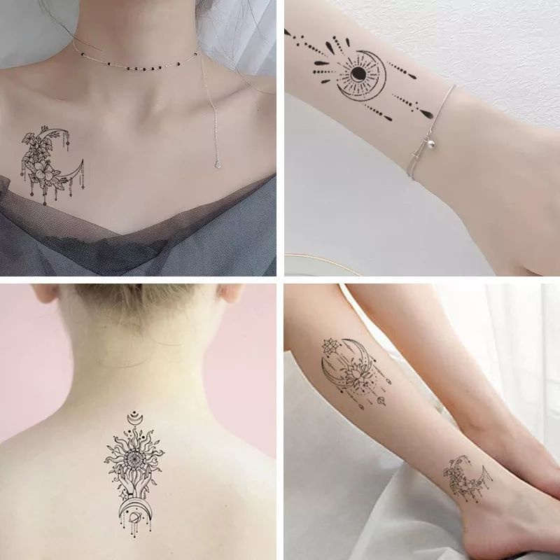 Tatto temporer Teratai Bulan bunga black ink / Temporary tattoo sticker Teratai Moon flower black ink Tahan air