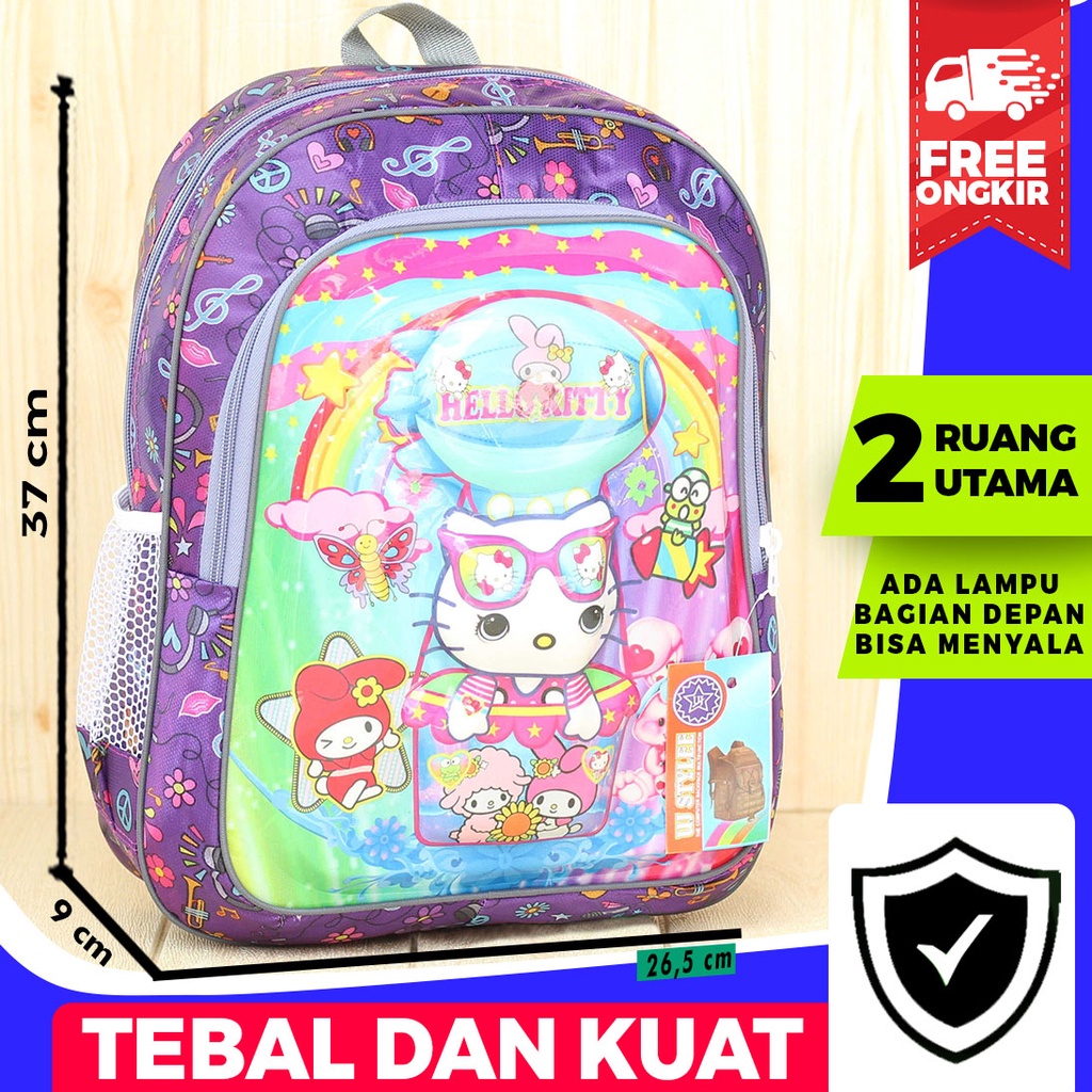 Tas Sekolah Anak Perempuan TK Lampu Hello Kitty Ungu Paud Sekolah Gambar Kartun Karakter Terbaru Lucu Premium SD SMP Mini Murah BT-21 Motif Karakter Berkualitas