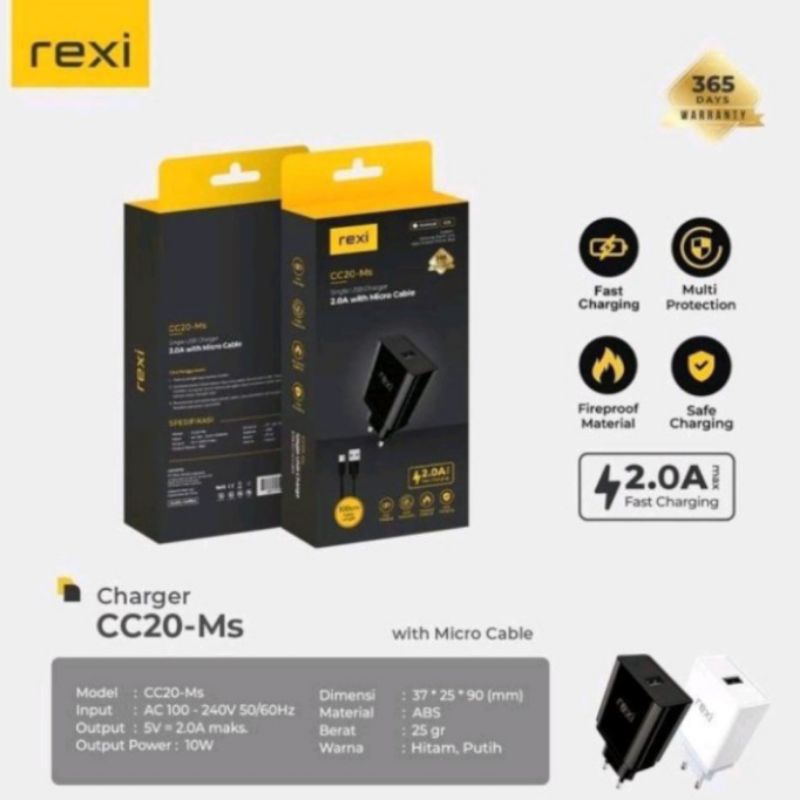 Charger Hp REXI CC20MS 2,4A Cocok Untuk Semua type HP Original Garansi