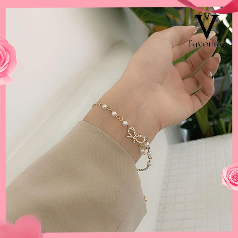 [COD]Micro-Inlaid Bow Pearl Bracelet Electroplating Manis Serbaguna Perhiasan Pacar-FA