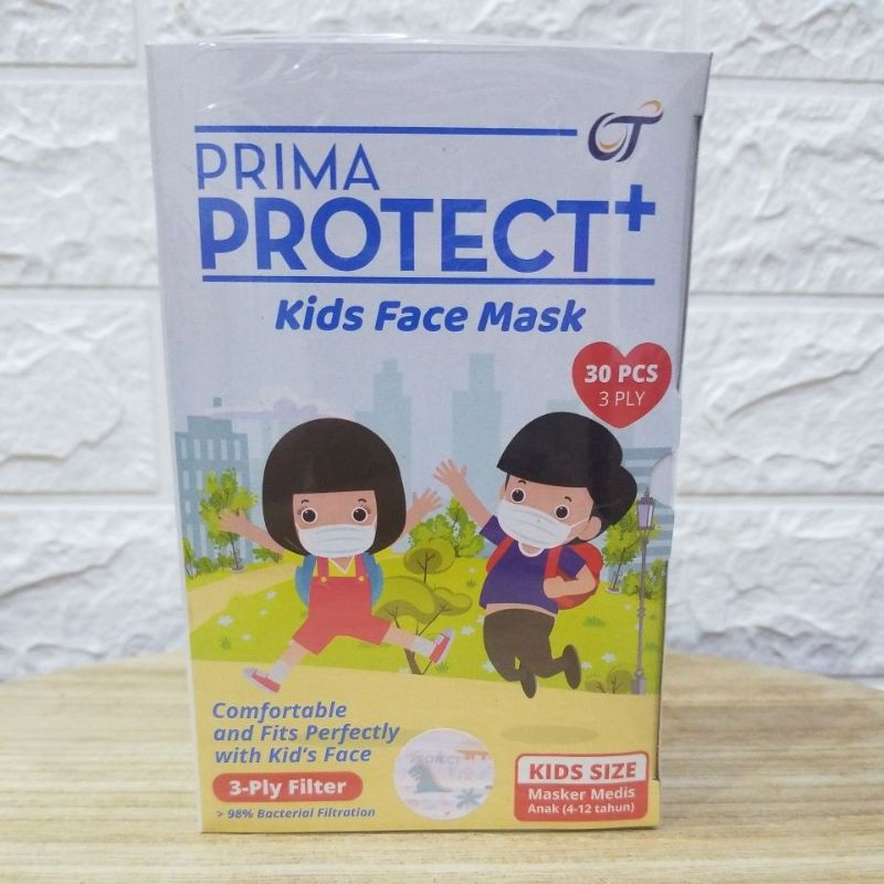 Masker Anak Prima Protect+ 3 ply untuk 4-12 th, 1 box isi 30 pcs