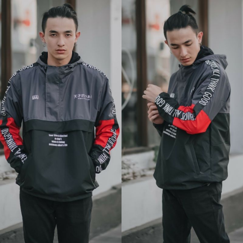 Jaket pria IKC 002 distro cbr Bandung hoodie dua sisi bolak balik keren grosir jaket cagoule erigo Jaket Pria Parasut Anti Air-CG Abu Hitam