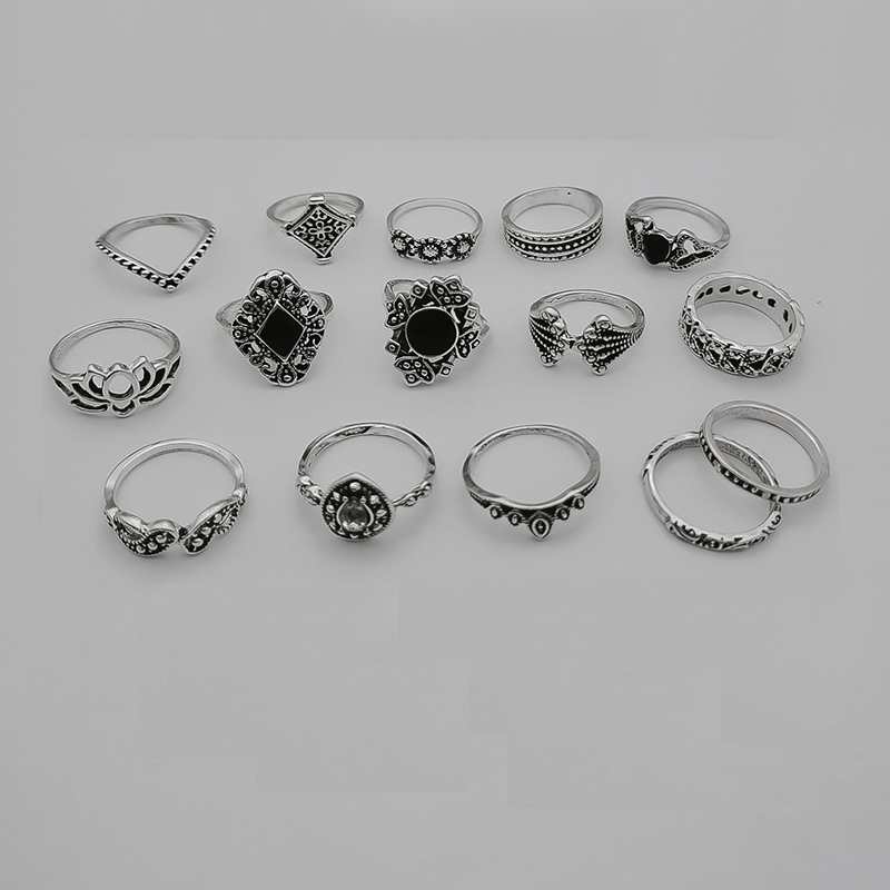 15 Pcs/Set  Fashion Silver Midi  Finger Ring Set / Ladies Smooth Fine Thin Finger Ring  / Vintage Punk Black Gemstone Rings