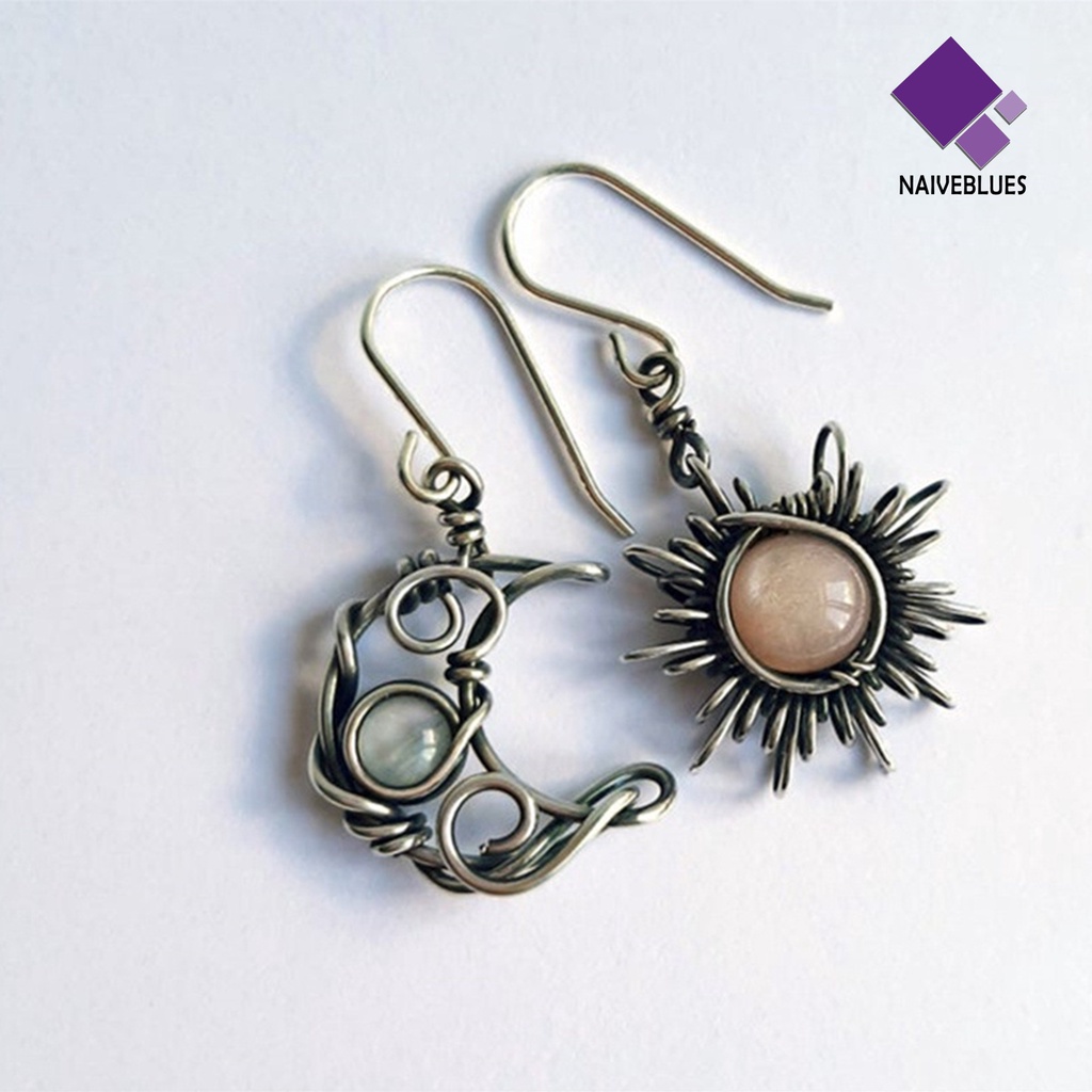 Anting Kait Gantung Wanita Desain Matahari + Bulan Sabit Asimetris Gaya Boho Untuk Pesta