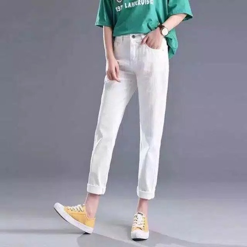 Hopylovy Celana Jeans Putih Wanita| Celana Boyfriend Jeans | Celana Panjang Puti Wanita White Anella
