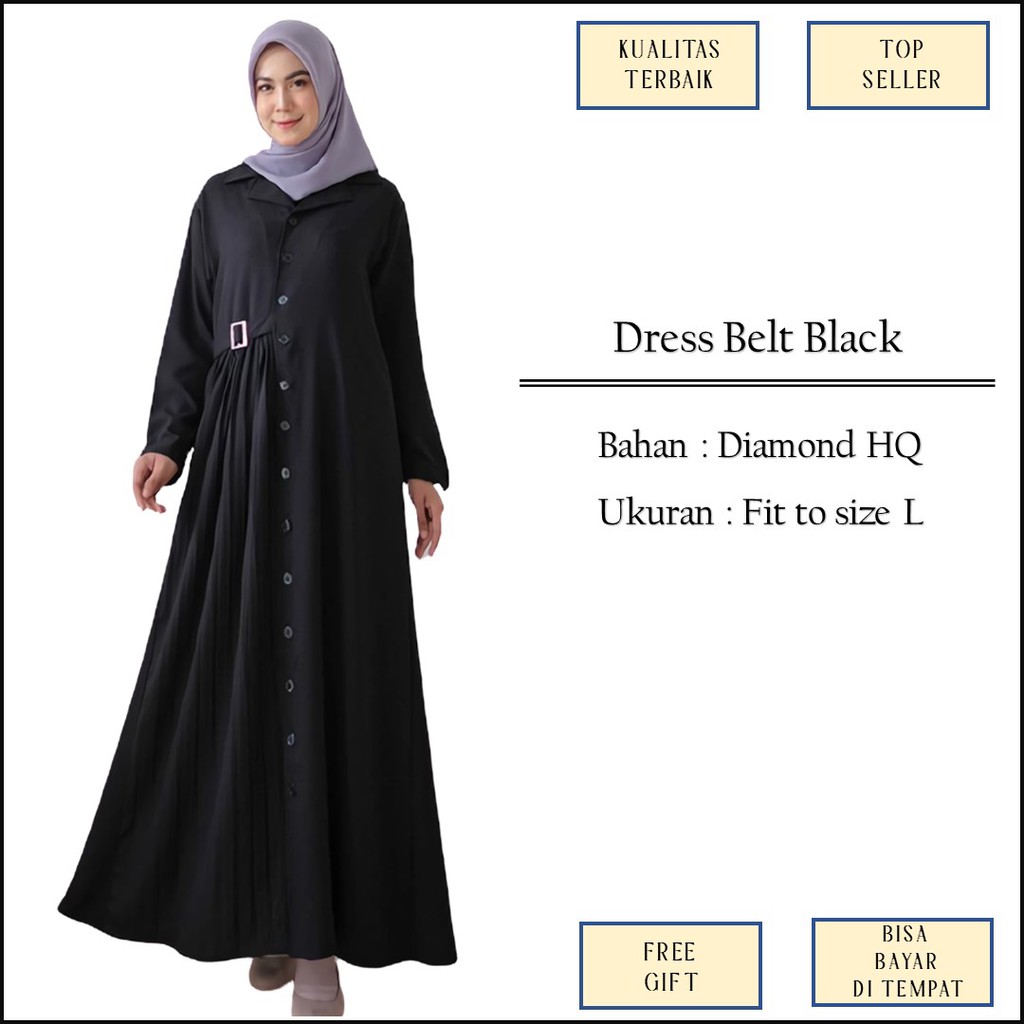 Baju Gamis Syari Warna Hitam Black Model Polos Kancing Depan Busui Friendly Bahan Diamond Size L M12