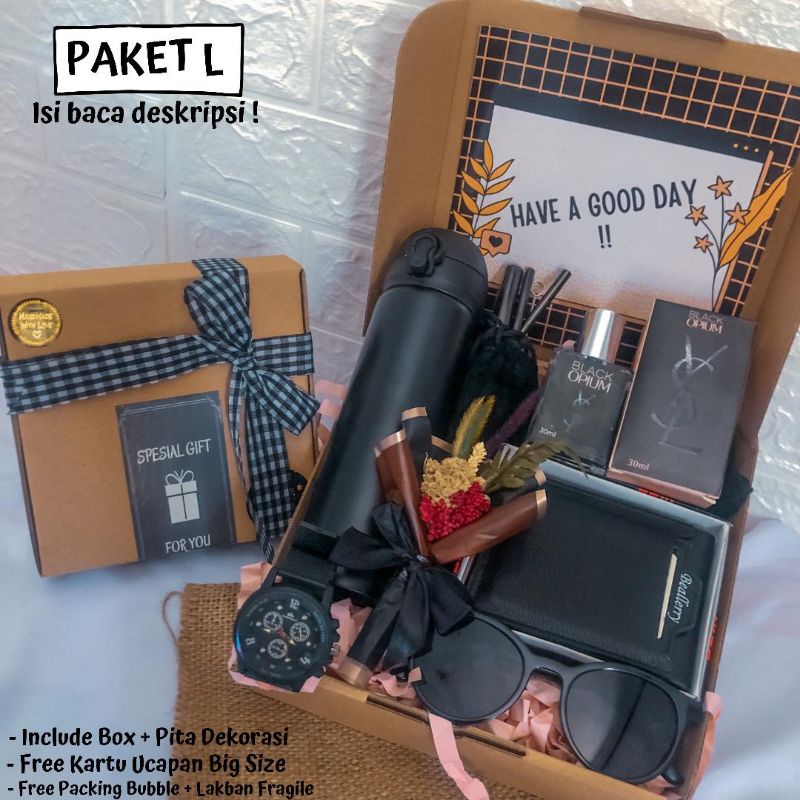 Paket L Eksklusif Black Kado Gift Box Hampers Cowok Pria Hadiah Ulang