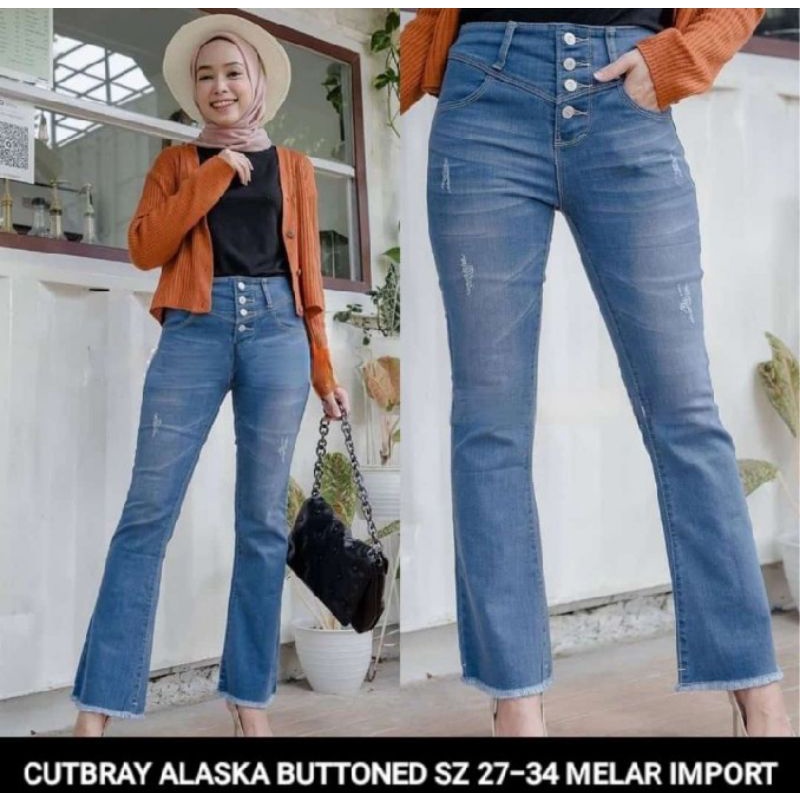Celana Cutbray Jeans Wanita Kancing Tengah Snow Blue