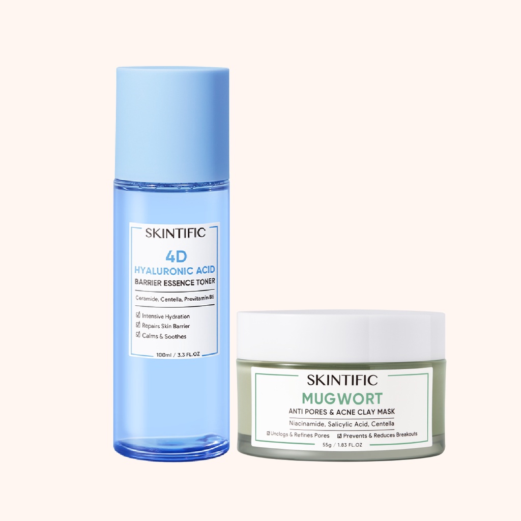 【Skintific Outlet Official】SKINTIFIC Mugwort Anti Pores &amp; Acne Clay Mask Pore Clarifying Wask Off Pack 55G Masker Wajah &amp; 4D Hyaluronic Acid ( HA ) Barrier Essence Toner Defeat Dryness In10S 100Ml Toner Pelembab【BPOM】