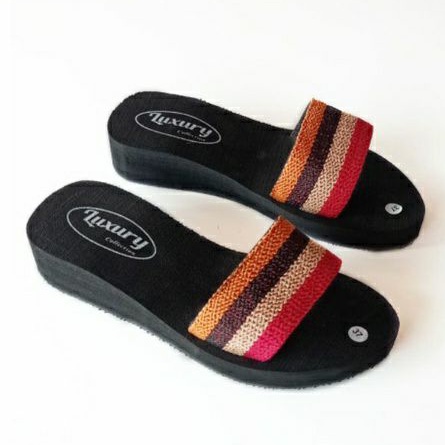 SANDAL SLOP WANITA - SANDAL WANITA TURKI  - SANDAL SLOP - SANDAL RAJUT TURKI SLOP - WEDGES TURKI SLOP (SLOP PELANGI)