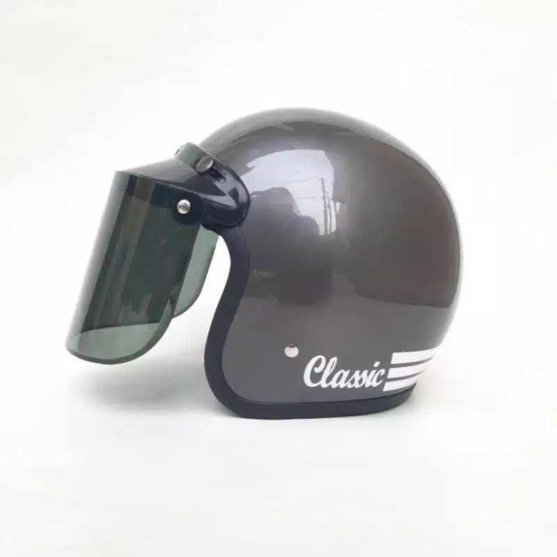 HELM BOGO DEWASA CLASSIC GARIS TIGA KACA DATAR ORIGINAL SNI